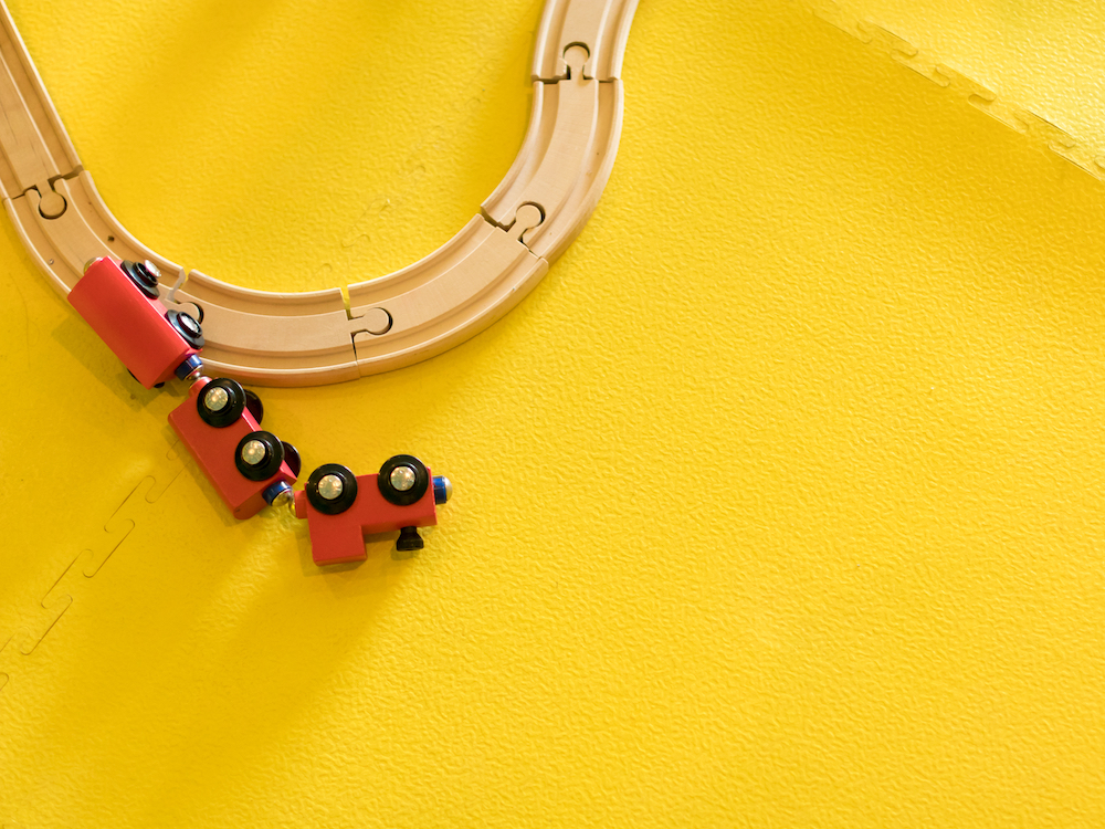 Colorful,Painted,Red,Wooden,Train,Toy,Wreck,,Off,The,Wooden